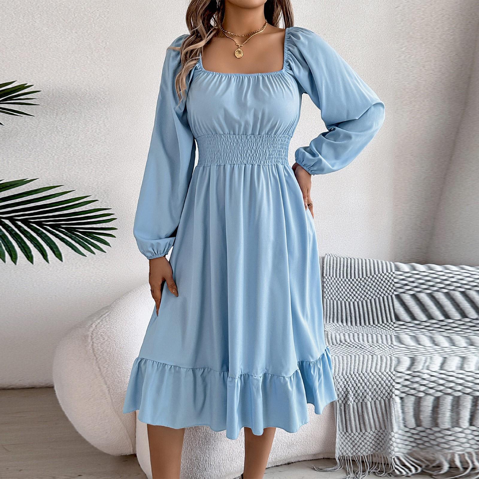 

Женское повседневное однотонное платье с квадратным вырезом, длинными рукавами, присборенной талией и оборками в виде юбки А-силуэта L