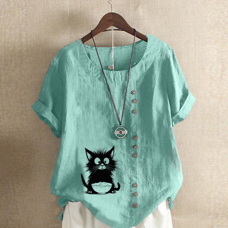 Women's Fashion Black Cat Prined Short Sleeve T-shirt Loose Cotton Shirt Casual Loose Summer Blouse Plus Size Tops