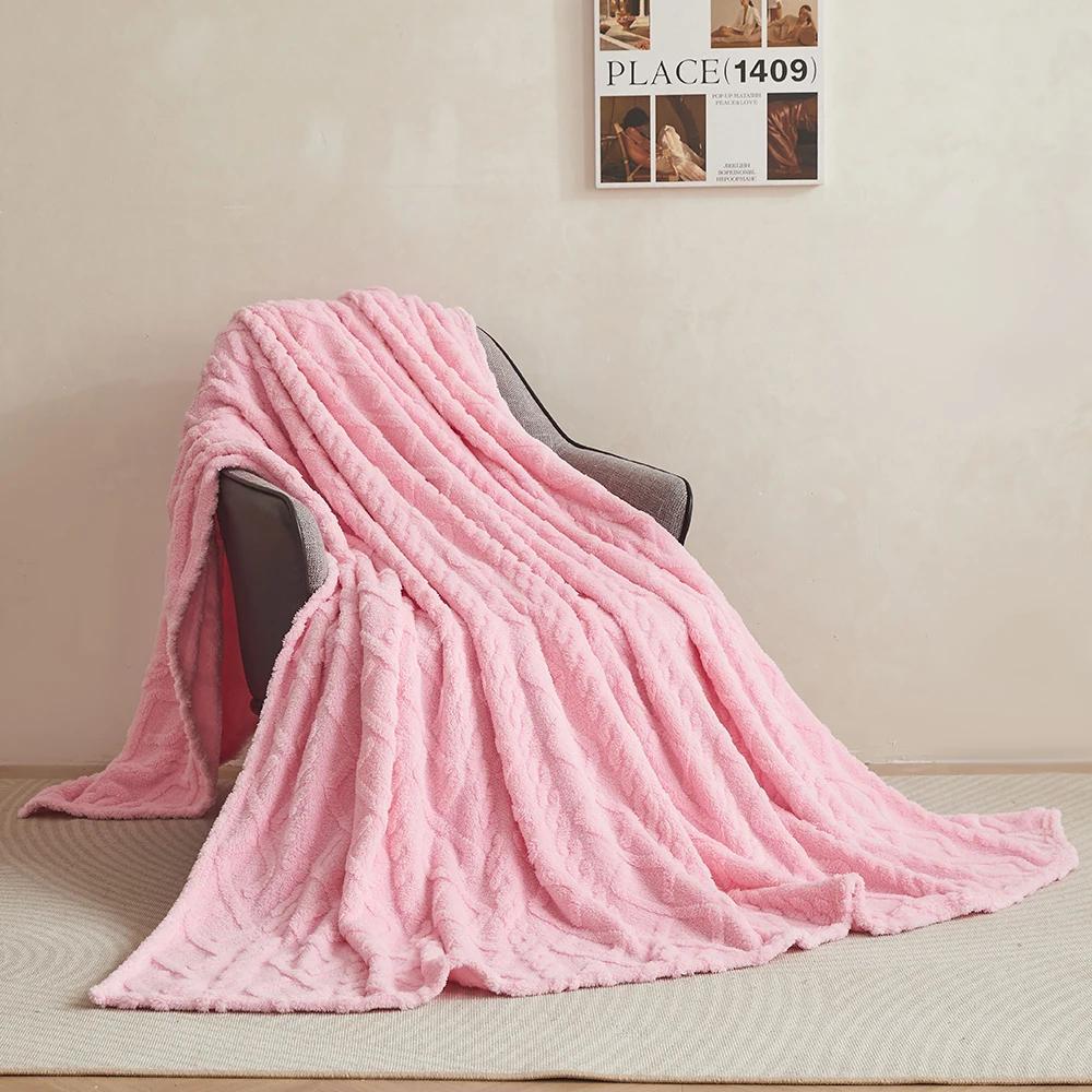 Coral Fleece Velvet Blanket Solid Double Sided Jacquard Geometric Pattern Thickened Blanket Bedspread Plaid Blankets