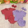 Newborn Baby Girls Clothes Sets Summer Solid Short Sleeve Tops Shorts Headband 3Pcs Newborn Outfit Set
