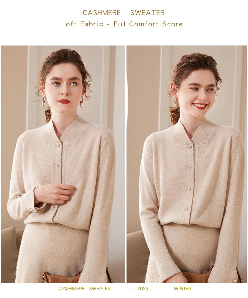 Women's Hand-Knitted Cashmere Cardigan, Short Stand Collar, Loose Fit, Big Red, Autumn/Winter Sweater.