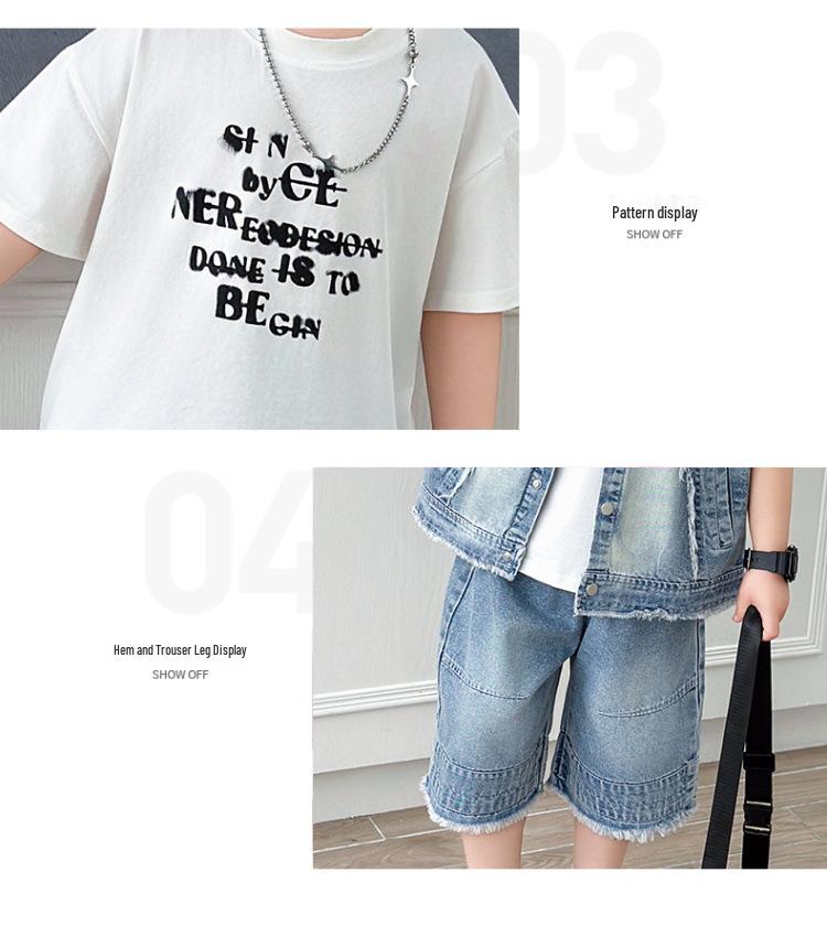 Boys' Summer Denim Vest & Printed Tee Shorts Set - Cool American Style 2026