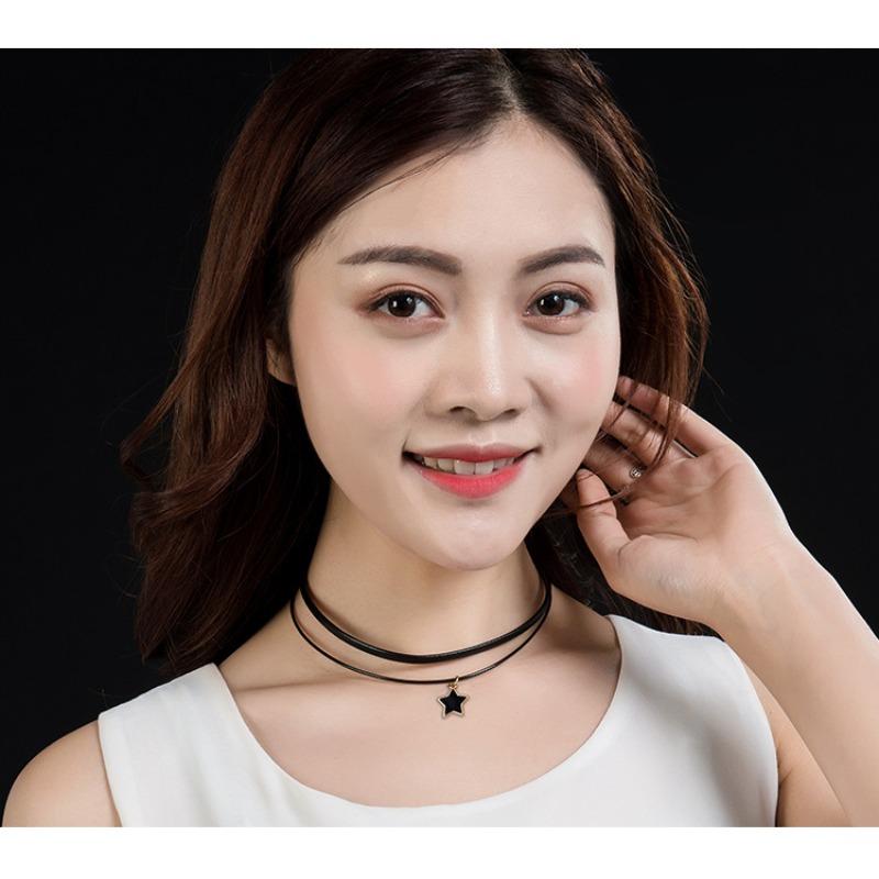 Simple Personalized Black Choker Neck Strap Double Pentagram Pendant Choker Necklace Women's Accessories