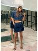 Doppelreihiger V-Ausschnitt Pullover Denim Top & Hochtaillierter Denim Rock Set