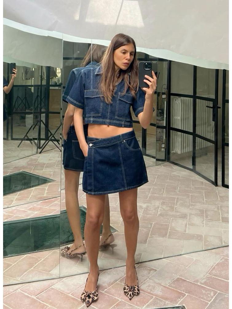 Doppelreihiger V-Ausschnitt Pullover Denim Top & Hochtaillierter Denim Rock Set