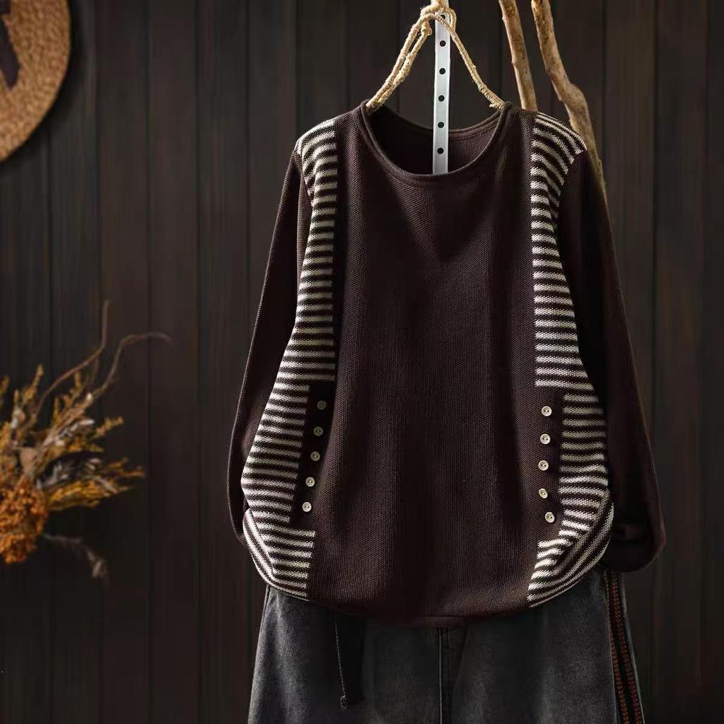 2026 Autumn New Simple Color Block Knit Sweater - Distressed, Loose, Round Neck Pullover