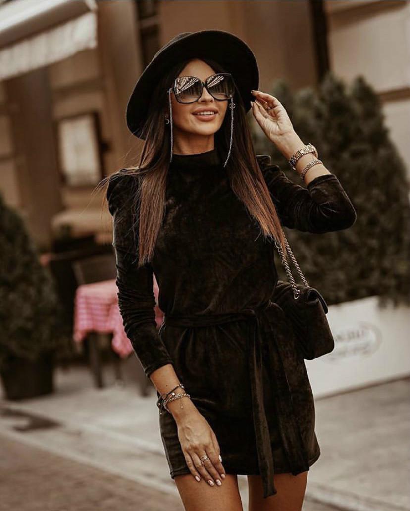 New golden velvet bubble sleeves autumn and winter fashion casual sexy dress women s long-sleeved slim dress S чёрный
