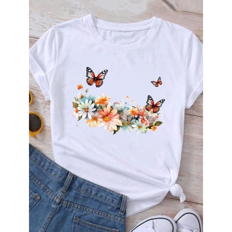 European Size Clothing T Shirt Tee Top Watercolor Trend 90s Flower Women Woman Print Fashion Female Short Sleeve Graphic T-shirts