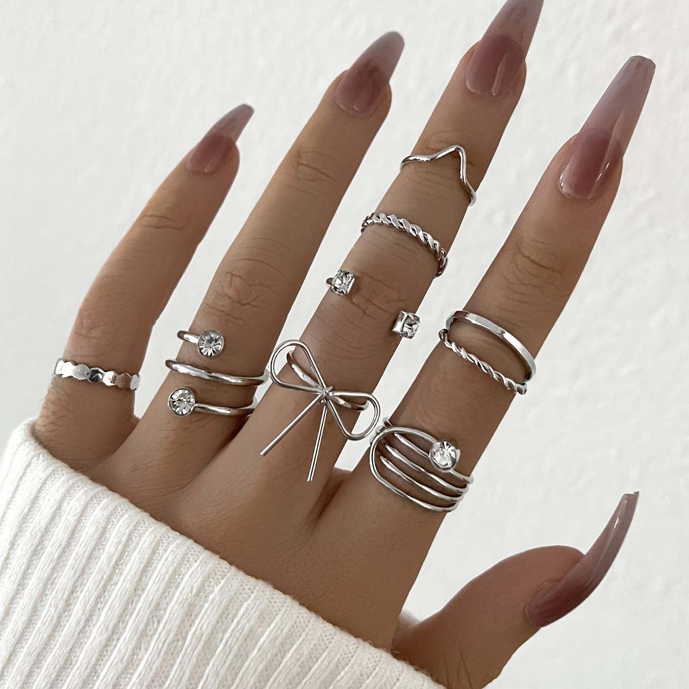 Iron ring with rhinestones stackable ring set, simple thin ring with bow, geometric versatile ring stackable set