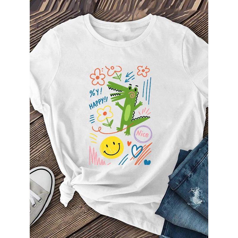 Women'S "Happy Not Bad" Little Crocodile Print Short Sleeve T-shirt Machine Washable, Fashionable Style, Printed Pattern Round Neck, Casual Summer Top