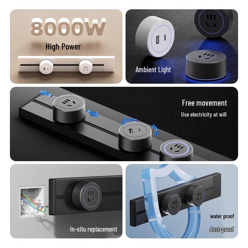 Track Socket Power Rail: Grey/White/Black Aluminum Power Strip with Anti-Shock for Kitchen/Wine Cabinet
