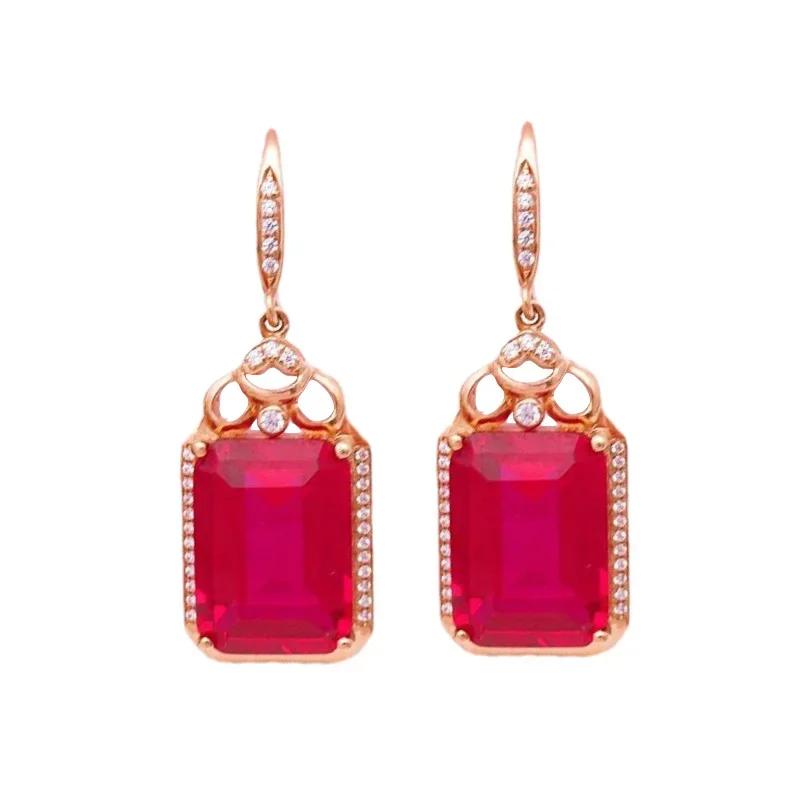 Luxury Fashion Crystal Design Red Zircon Drop Earings Square Ruby Earrings for Women Engagement Banquet Zircon