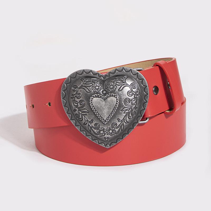 Retro Heart Pattern Leather Look Belt With Pin Buckle For Young Women Casual Fashion