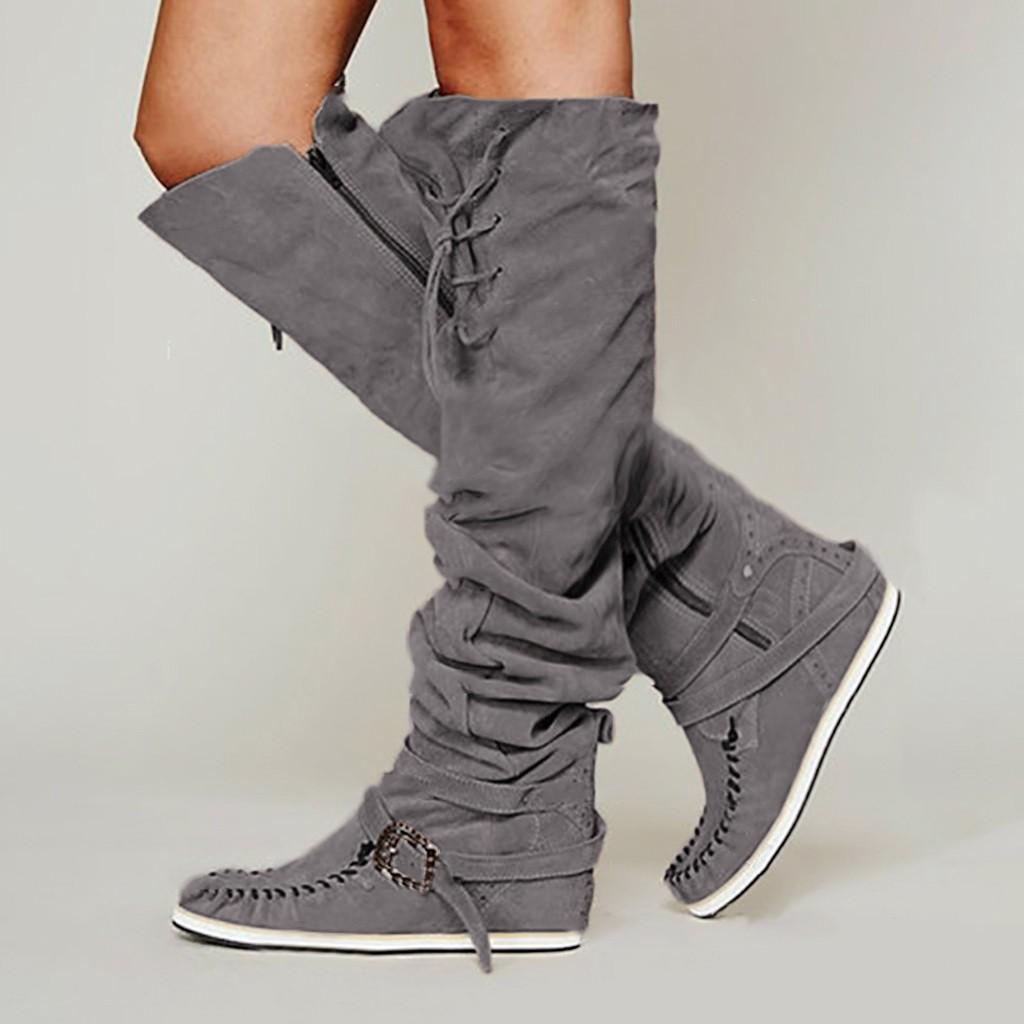 

(SU)Модные женские туфли на плоской подошве из флока с круглым носком на шнуровке, сапоги выше колена на молнии