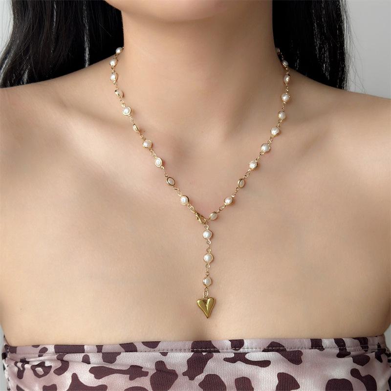 Trendy Gold Silver Color Glass Long Y-Shaped Heart Pendant Necklace Metal Clavicle Chain Bohemian Body Jewelry Party Gifts