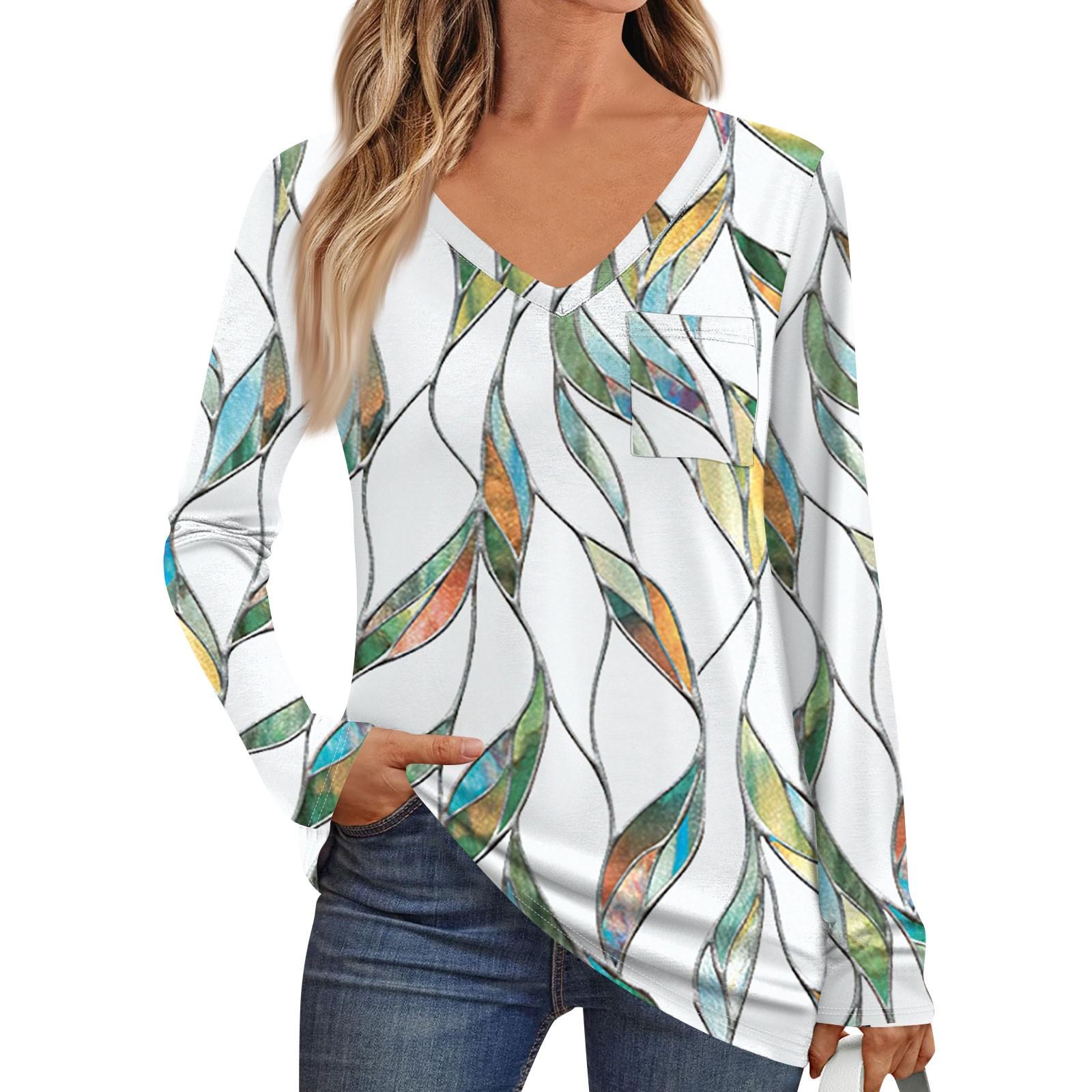 

Женская мода с длинным рукавом, V-образным вырезом, пуловер, напечатанная футболка, топ с карманом L