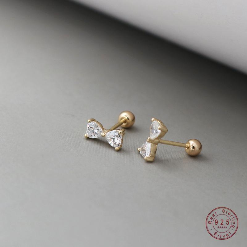 

925 Sterling Silver Plating 18K Gold Zircon Bow Screws Earrings for Women Korean Fashionable Simple Jewelry Accessories Silver