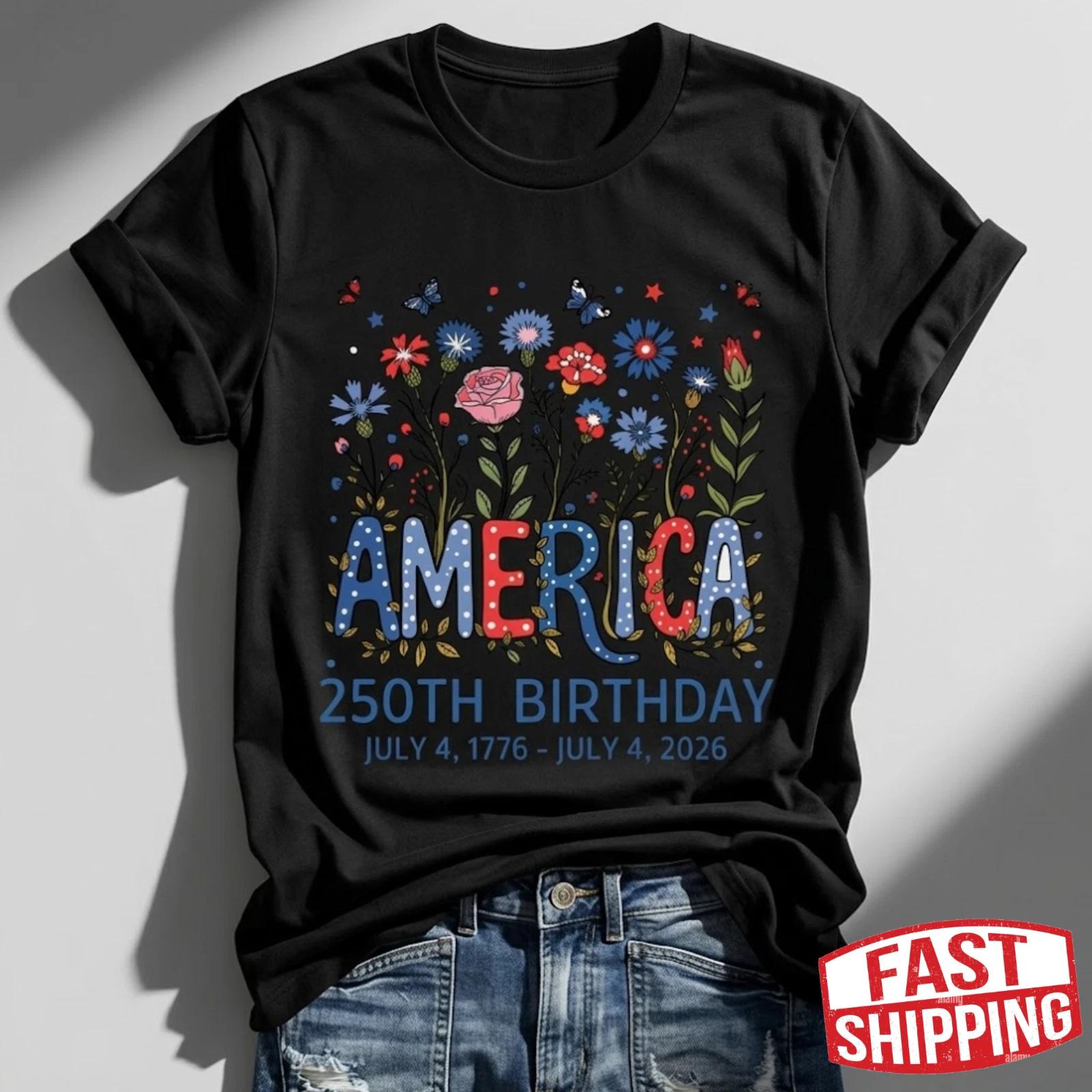 Women s USA 250th Birthday 1776–2026 Floral Butterfly Patriotic T-Shirt M