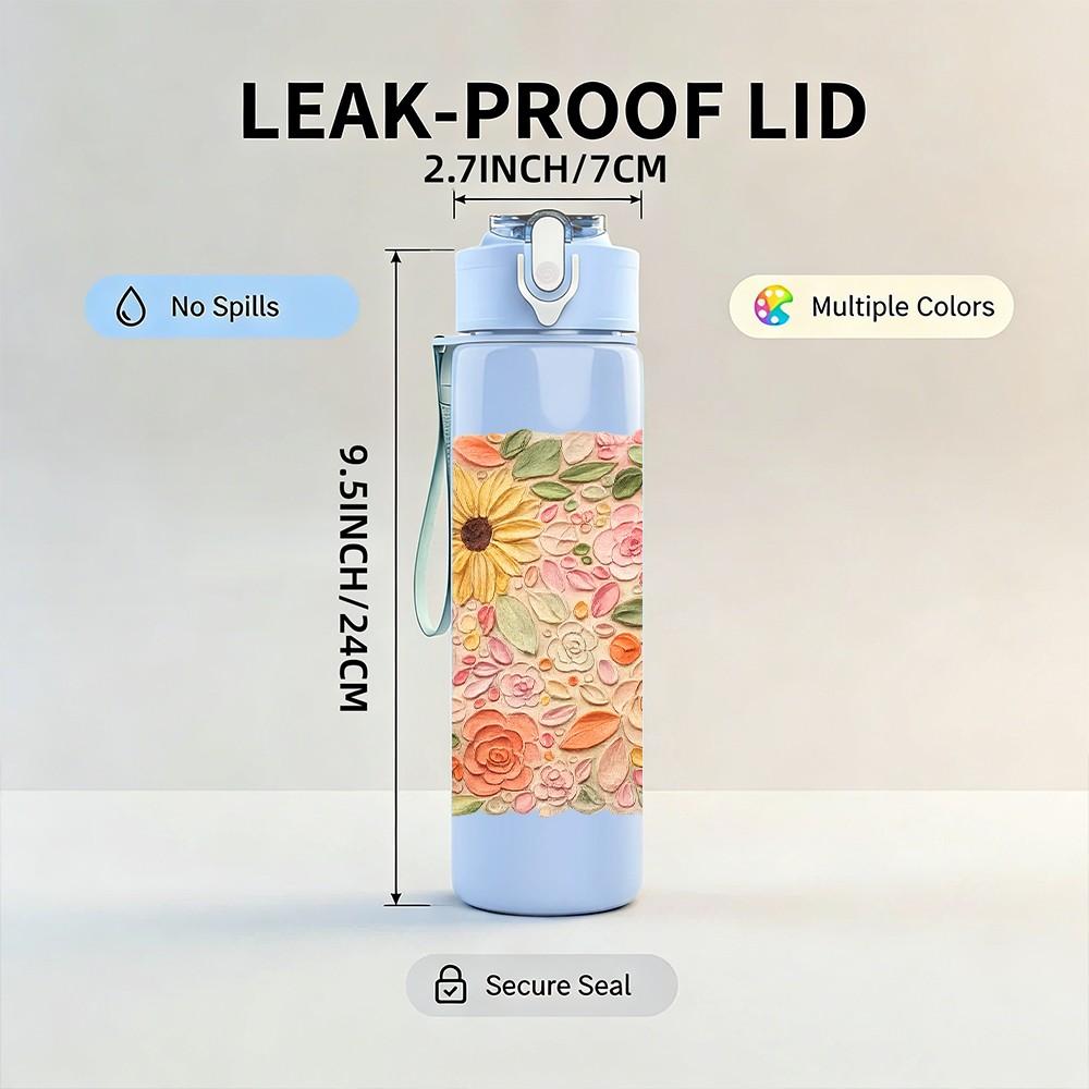 1PC Soft Pastel Flower Bouquet Print 750ml Color Plastic Sports Water Bottle Leakproof Flip Straw Lid Suitable for Sports Office Home Use