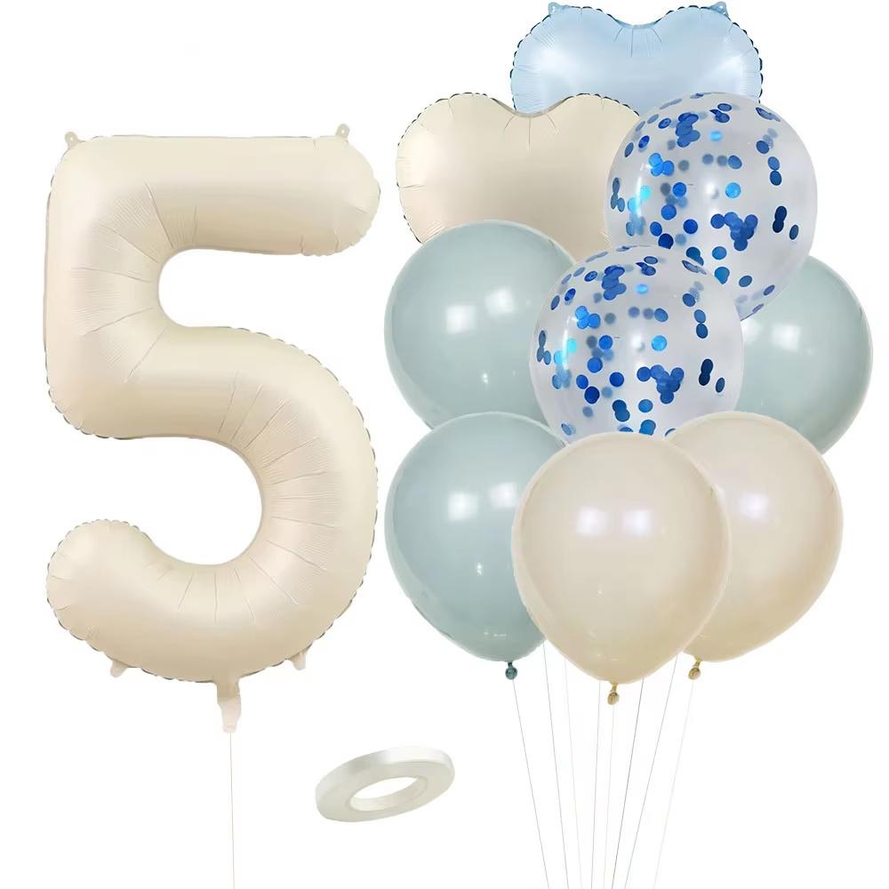 12pcs Vintage Beige Blue Balloon Set 32inch Foil Number Balloon For Kids Happy Birthday Party Decorations DIY Gifts Supplies