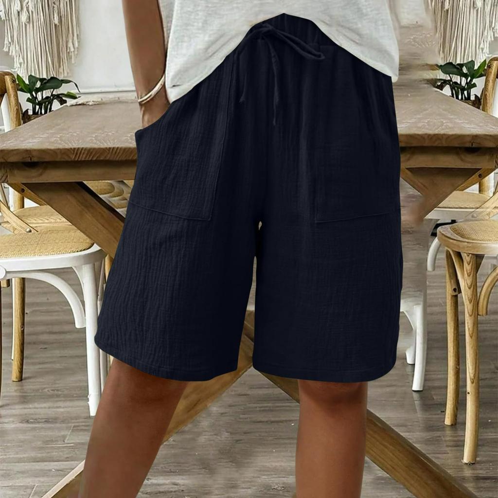 Women's Summer Cotton and Linen Solid Color Straps Loose Casual Five-point Shorts