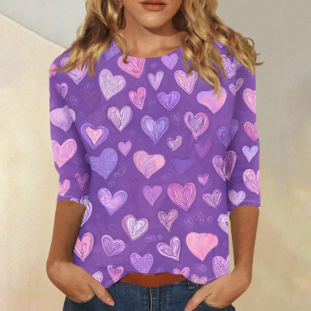 Women's Fashionable Casual Three,quarter Sleeve Heart,shaped Printed Round,neck Top