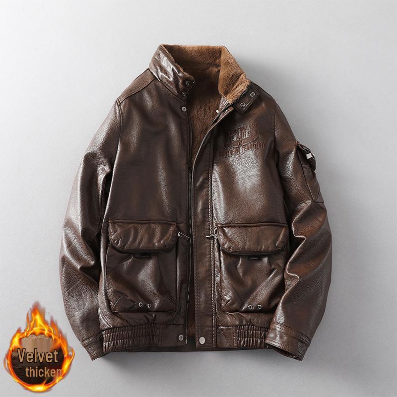 

2025 Autumn/Winter Men s Trendy PU Leather Jacket with Velvet Lining - Versatile, Fashionable, Casual Outerwear L кавовий