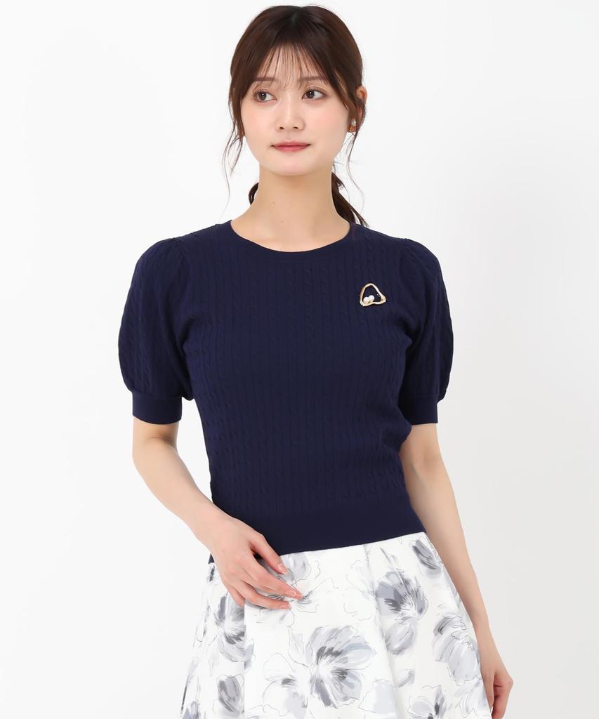 Mishmash Short Sleeve Cable Knit Sweater with Perfect for Office Casual or Basic and Navy Women's Brooch, Outings, Simple,