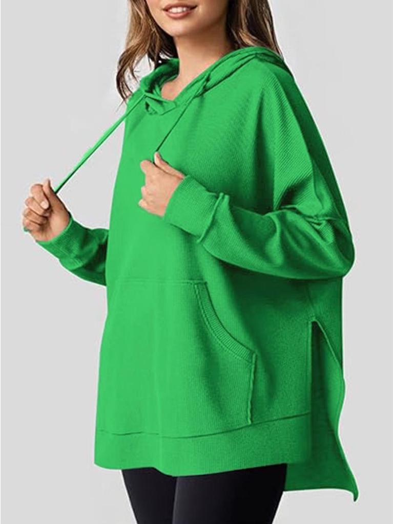 2024 Women's Hooded Waffle Knit Pullover Sweatshirt with Pocket, Long Sleeve, Autumn/Winter