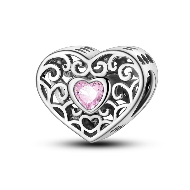 Copper Cute Pink Flowers Heart Pendant Beads Fit 4Mm Hole Diamete Charm Bracelet For Women Diy Jewelry Making Gift