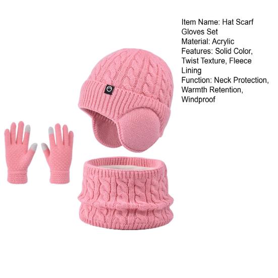 Set 3 Buc/Set Pălărie Fular Mănuși pentru Copii Culoare Solidă Textură Răsucită Căptușeală Fleece Pălărie cu Clape pentru Urechi Mănuși Touchscreen Set Guler pentru Gât Accesorii pentru Vreme Rece