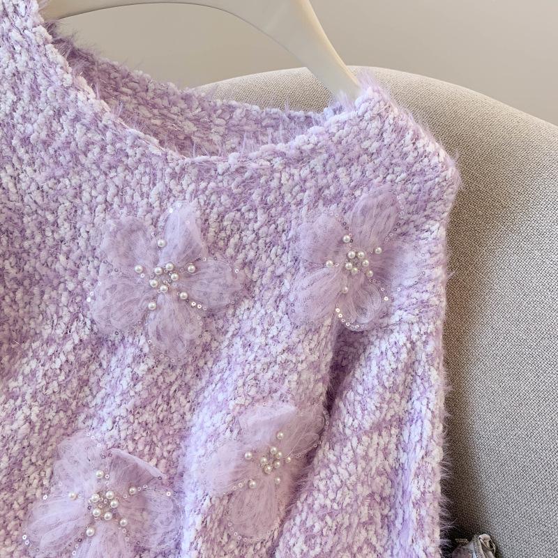 Women's Beaded Flower Faux Mink Knit Sweater