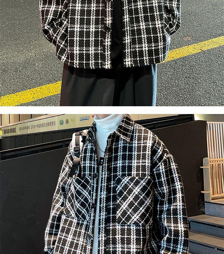 Men's Plaid French-Style Wool Coat - Autumn/Winter Trendy Lapel Loose Jacket.
