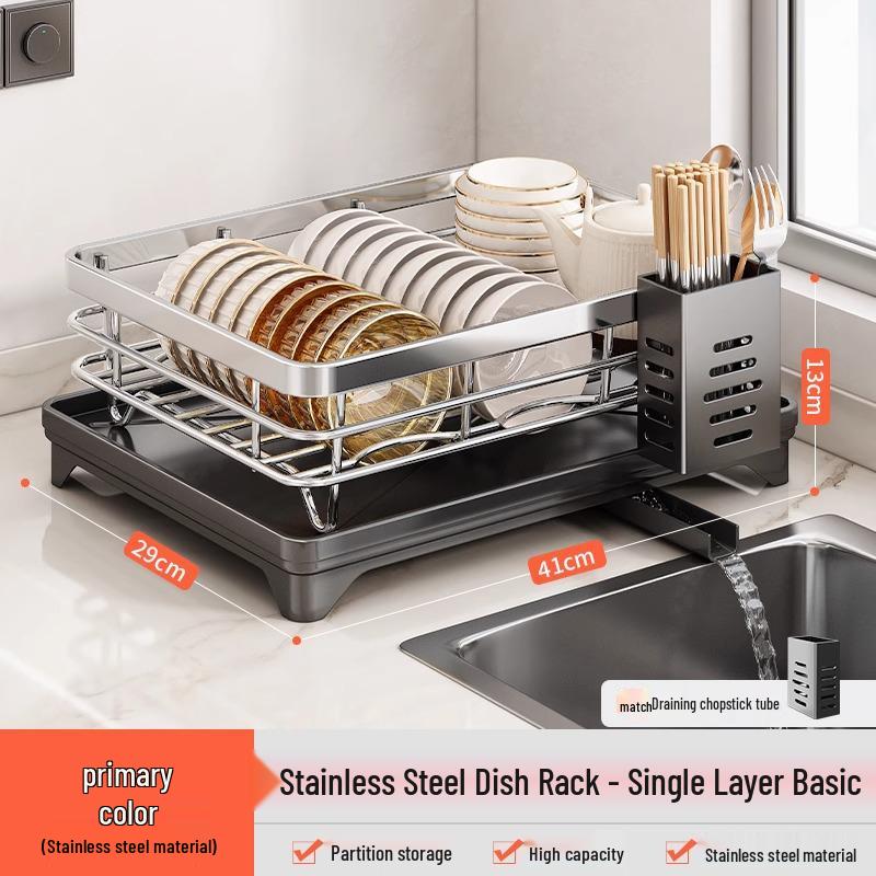 Stainless Steel Kitchen Dish Rack with Plate, Bowl, and Chopstick Holder