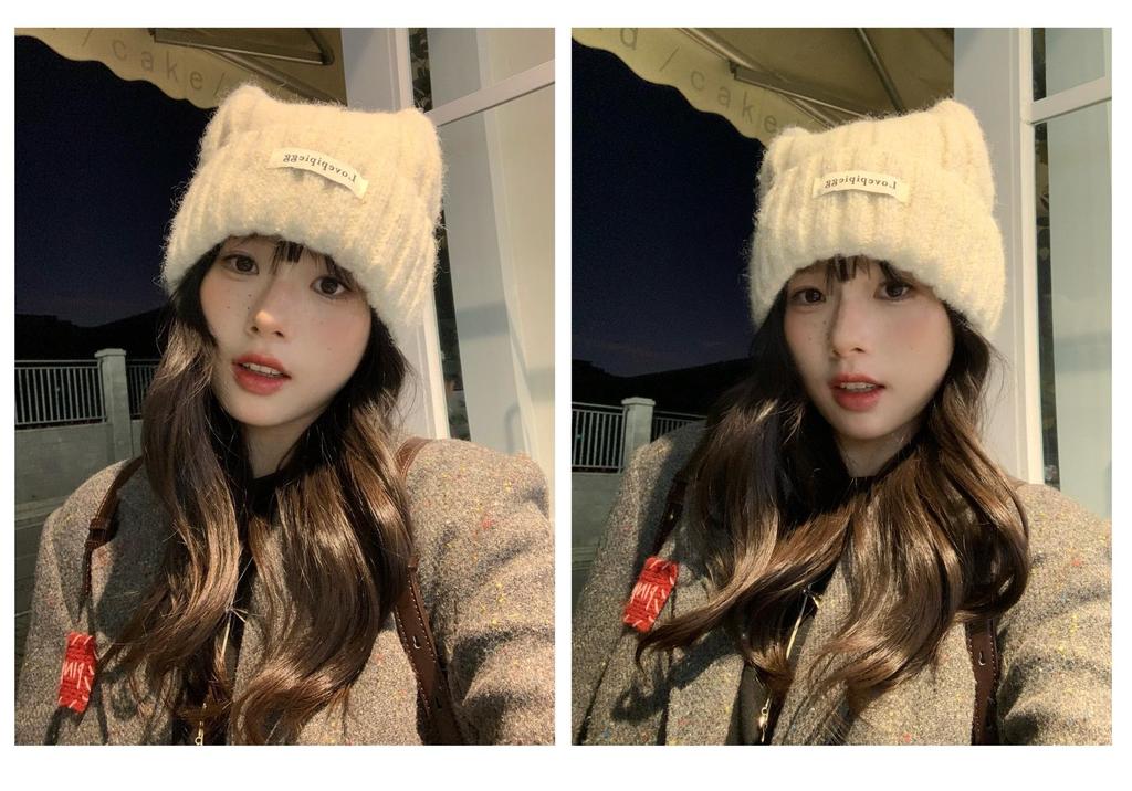 Women's Korean Style Cute Cat Ear Wool Knit Hat - Breathable, Warm, and Windproof for Winter & Autumn