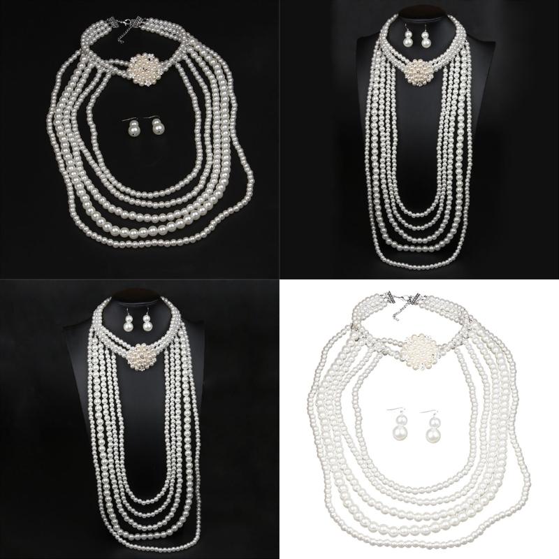 Elegant Faux Pearls Collar Bib Necklace Earrings Fashionable Beaded Jewelry Set Multilayered Strand Accessory for Women