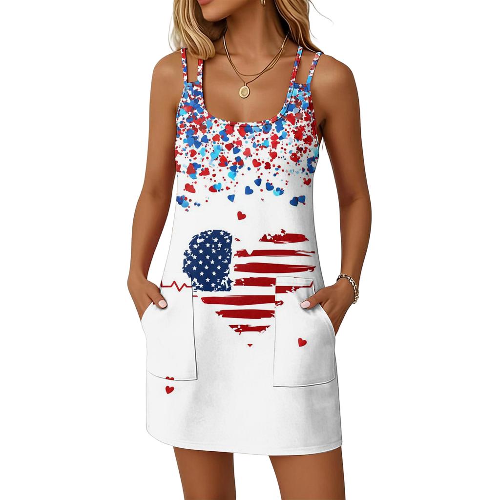 Women's Casual Sleeveless Dress Double Strap Pocket Dress Independence Day Print Sleeveless Summer Dress