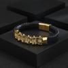 European-American Punk Bicycle Chain Titanium Steel Bracelet with Woven Cowhide In Stainless Steel Motorcycle Design.