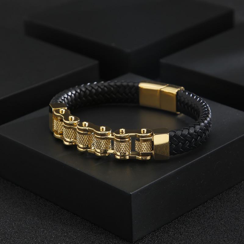 European-American Punk Bicycle Chain Titanium Steel Bracelet with Woven Cowhide In Stainless Steel Motorcycle Design.