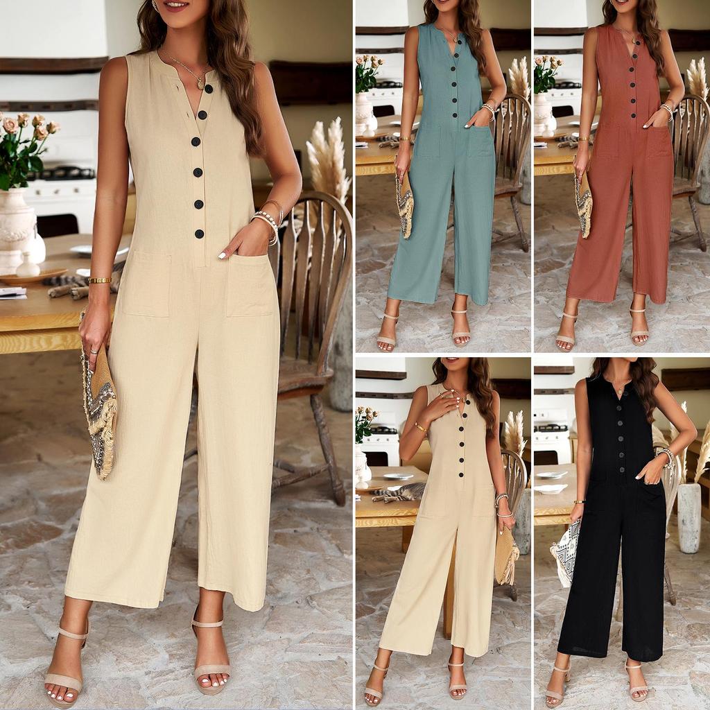 Di Yun Women's Elegant Solid Color Button Jumpsuit - Spring/Summer 2024 Collection