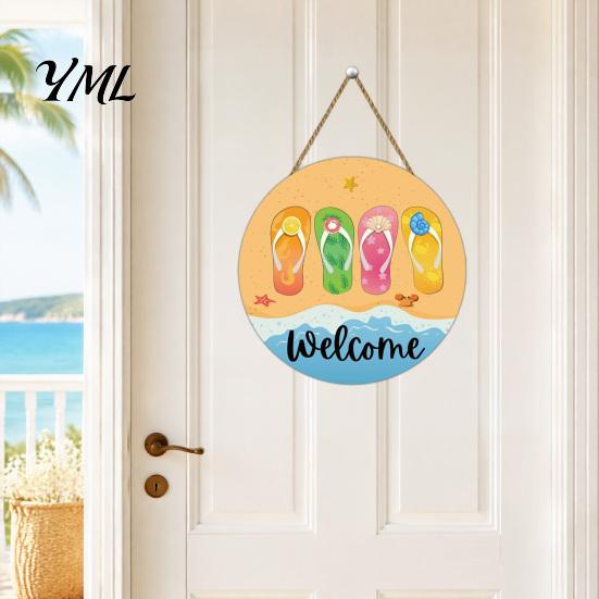 Tropical Wall Decor Hello Summer Door Sign, Ice Pop Flip Flop Welcome Hanger, Outdoor Patio Farmhouse Hanging Wooden Wreath for Front Home Porch