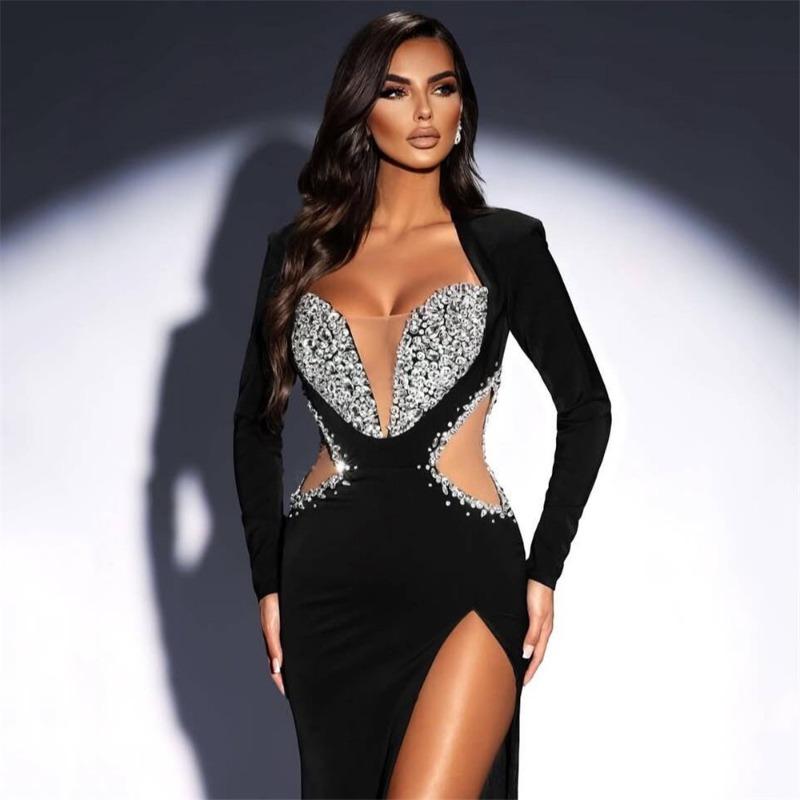 New long-sleeved bandage dress mesh party evening dress heavy industry ordering diamond hip-wrapped women's clothing slim-fitting long group