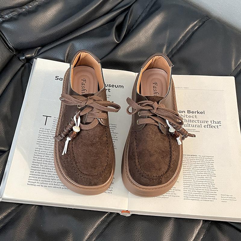 Retro British Style Small Leather Shoes Women's Fashion Big Head Single Shoes Design Sense Brown Loafers Platform Heightening Casual Shoes