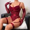 Europe and the United States Popular Perspective Sexy Onesie Mesh Stitching Underwear Body Sculpting Straps Complex Process with Gloves