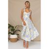 Sweet Summer New Small Floral Print Silm Slim Looking Tight Waist A- Line Sling Mid-Length Dress Female Dress
