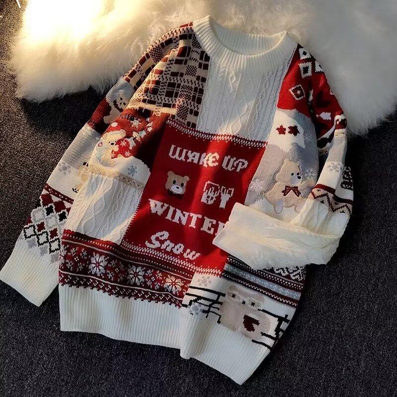 Men's Oversized Japanese Retro Bear Christmas Sweater - Winter Trendy Vintage Style