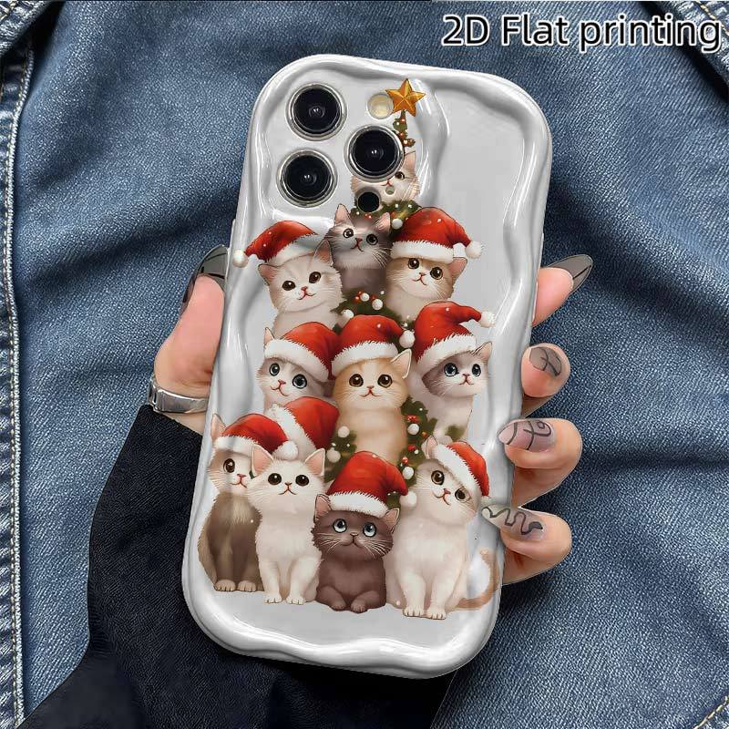 Cute Christmas Cat Tree Phone Case for iPhone 17 16 15 14 13 12 11 Pro Max, Wavy Cream White Soft TPU Protective Cover