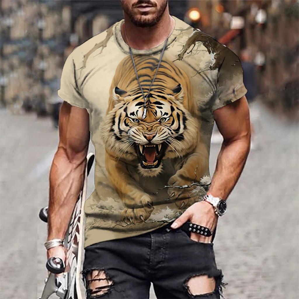 Mens 3D Tiger Print Short Sleeve Crew Neck T-Shirt Breathable Medium Stretch Casual Fashion Tee for OutdoorParty Weekend Wear