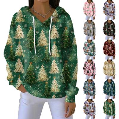 Women's Loose Comfortable Casual Fashion V-Neck Christmas Print Long Sleeve Hoodie