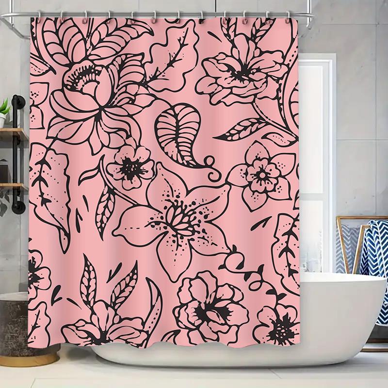 

Retro Floral Bath Curtain Setblack Pink Decor Shower Curtain With Metal Hook Rings For Bathroom Interior Design Waterproof Fabri W60H190(CM)-1 Pcs